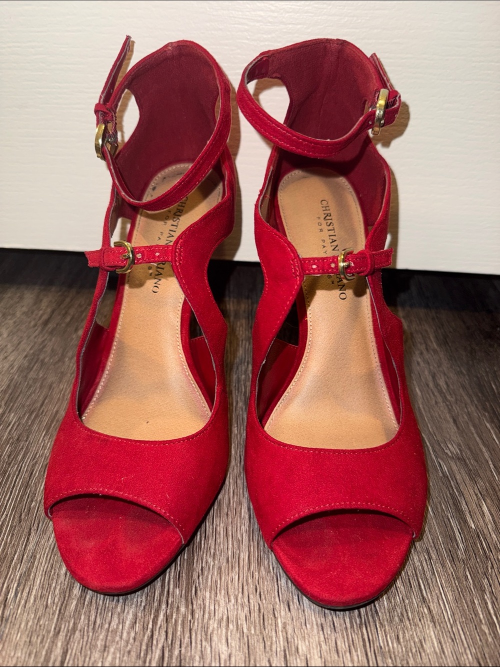 Christian Siriano Red Suede Ankle-Strap Peep-Toe Pumps